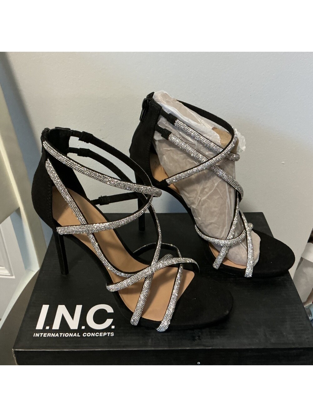 INC Women's Black Nellemi Strappy Dress Cocktail Party Heels Shoes Size 9.5 B2